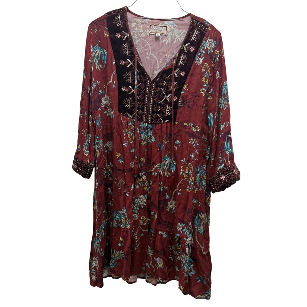 Johnny Was Womens Floral Embroidered Silk Blend Tunic Mini‎ Dress XS Boho Velvet